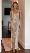 Bohemian Paisley Sleeveless Maxi Slip Dress front view