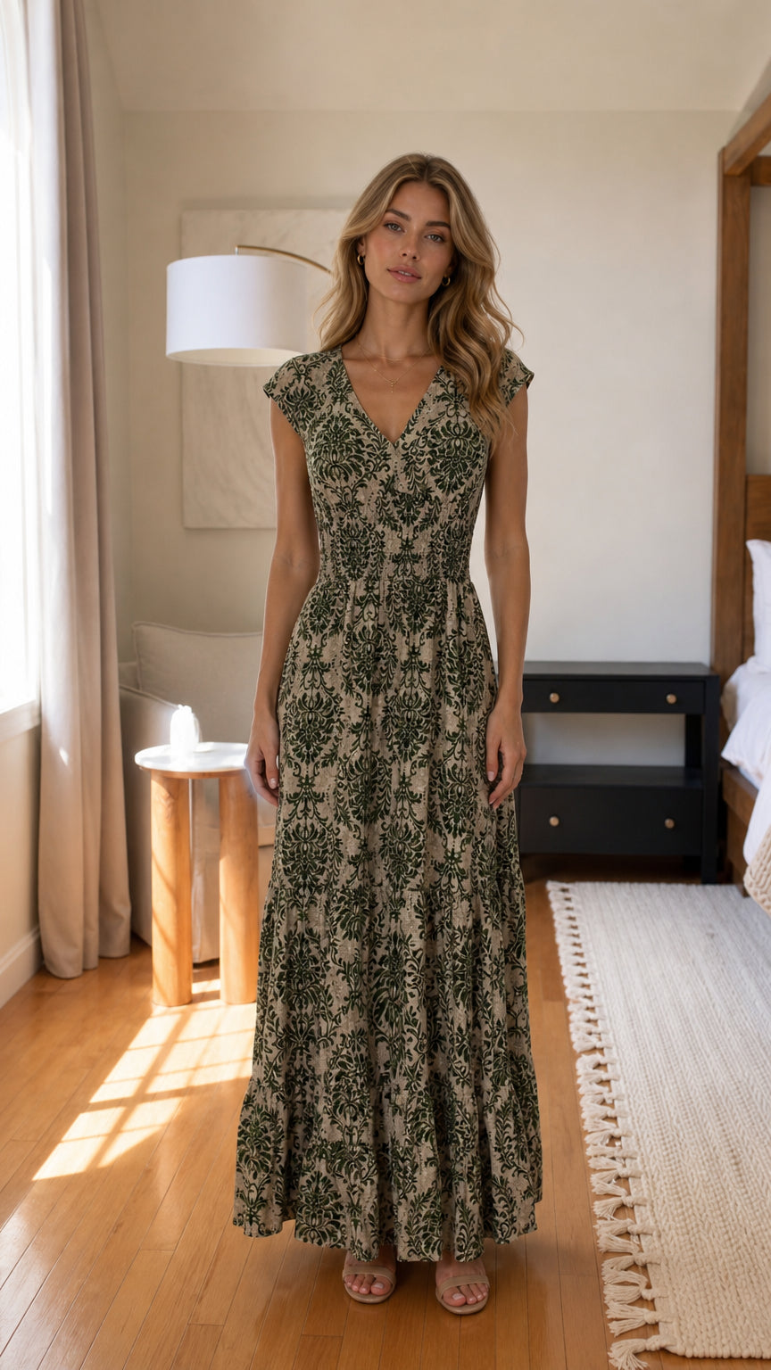 Front view of model wearing sage green botanical print maxi dress