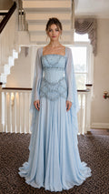 Front view of Light Blue Ethereal Beaded Corset Long Sleeve Maxi Gown