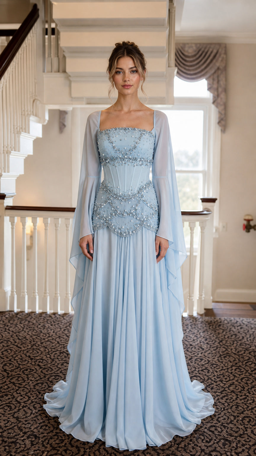 Front view of Light Blue Ethereal Beaded Corset Long Sleeve Maxi Gown