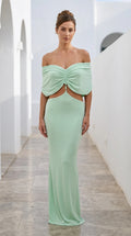 Mint green off-shoulder cutout maxi dress front view