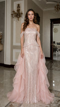 Front view of pink off-shoulder sequin mermaid gown with overskirt