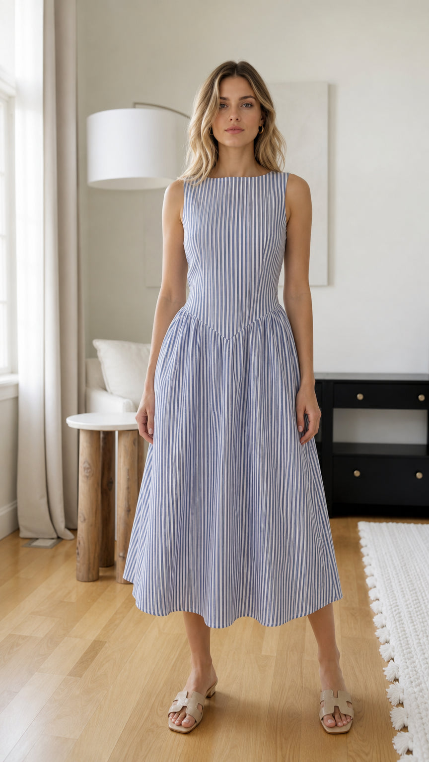 Front view of woman wearing blue striped midi dress