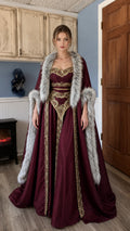 Front view of burgundy Renaissance medieval gown and faux fur cloak