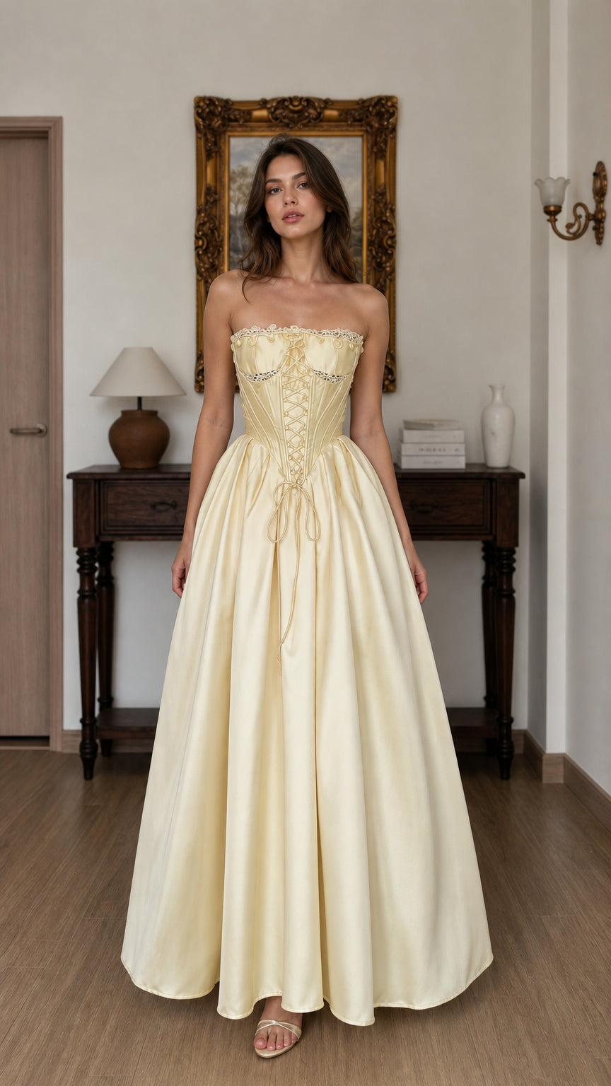 Front view of yellow corset ball gown maxi dress