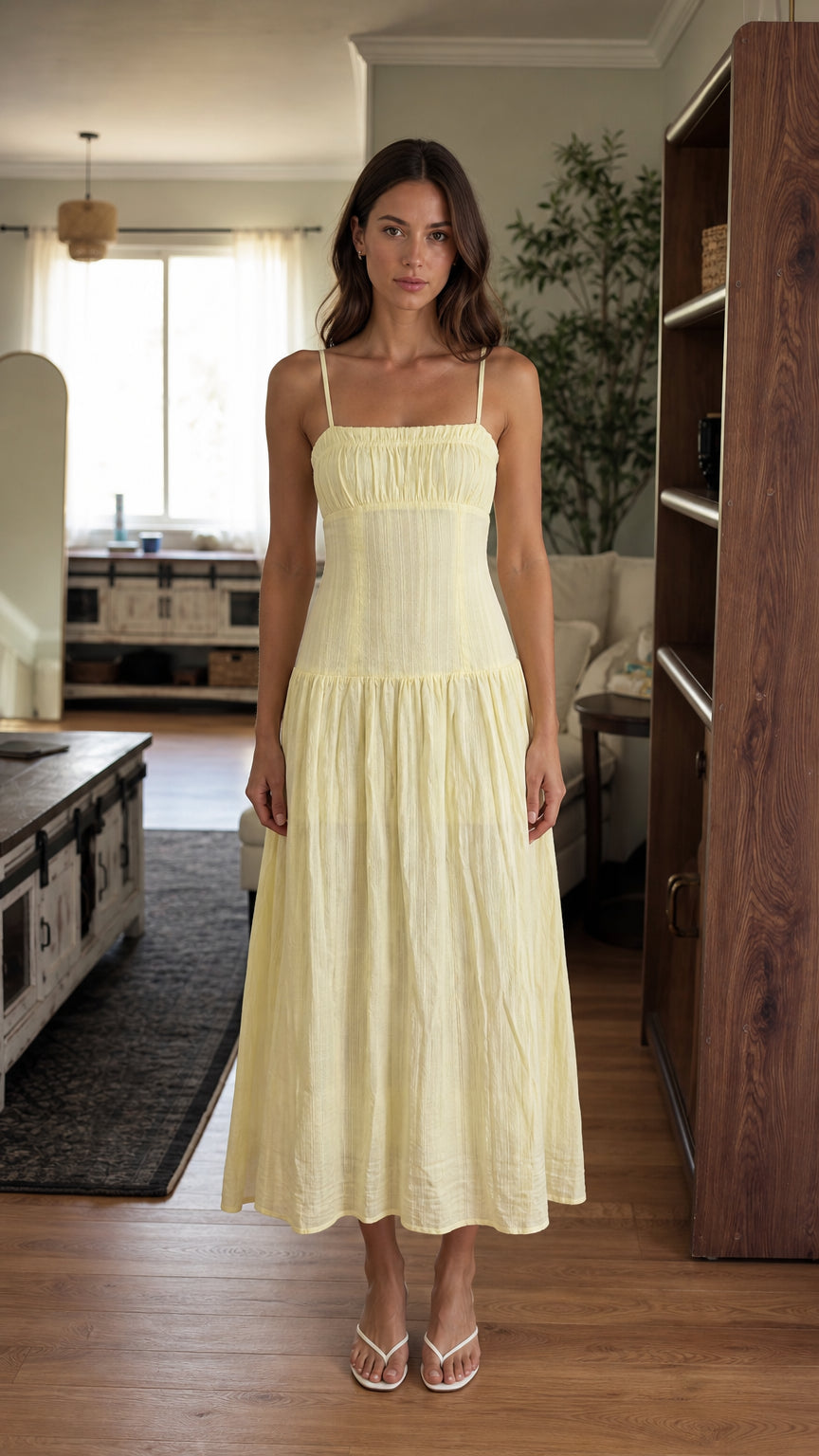 Front view of woman wearing yellow spaghetti strap smocked midi dress