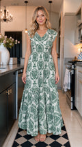 Front view of White/Green damask maxi dress