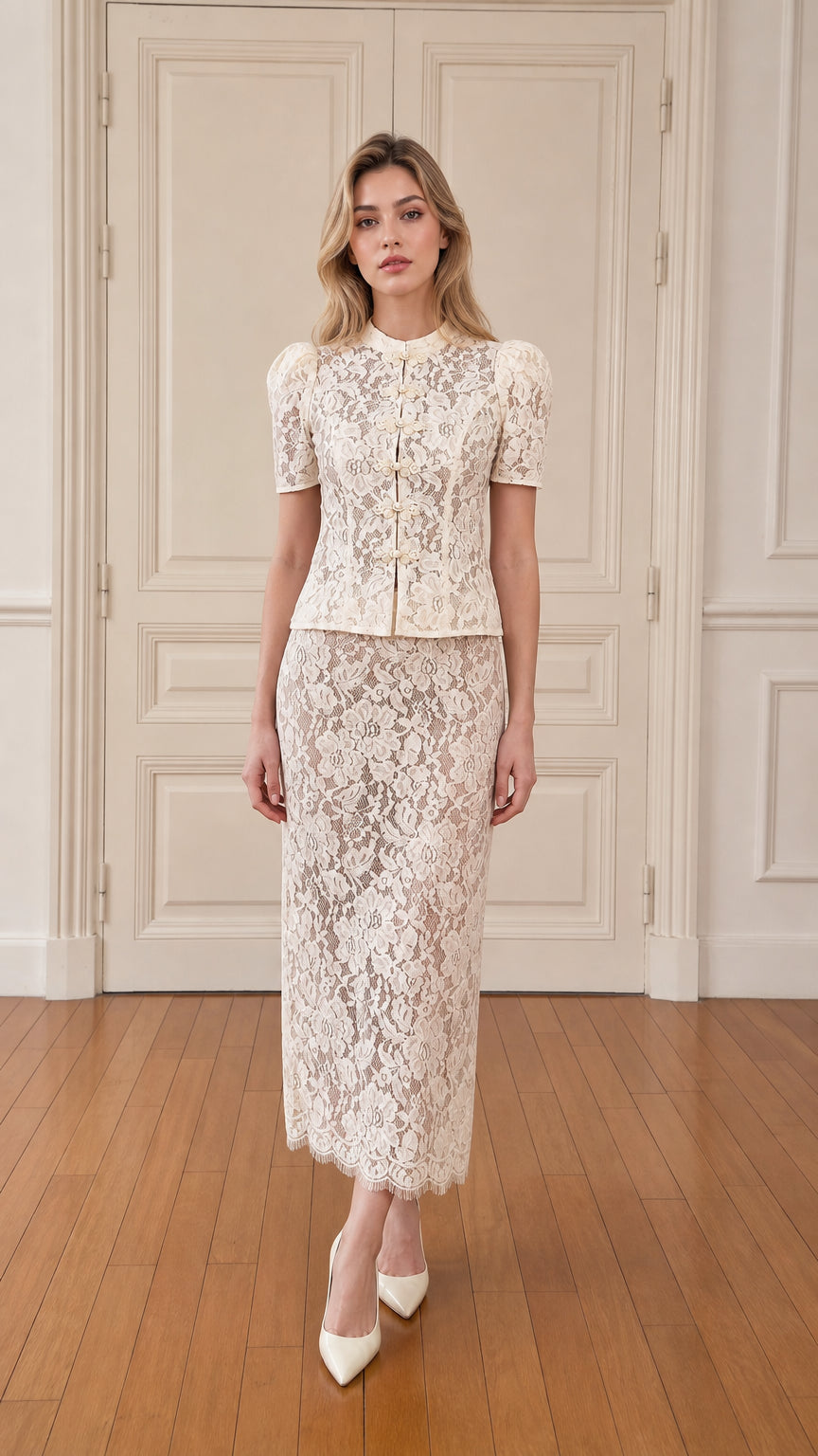 Model wearing cream lace top and midi skirt set, front view