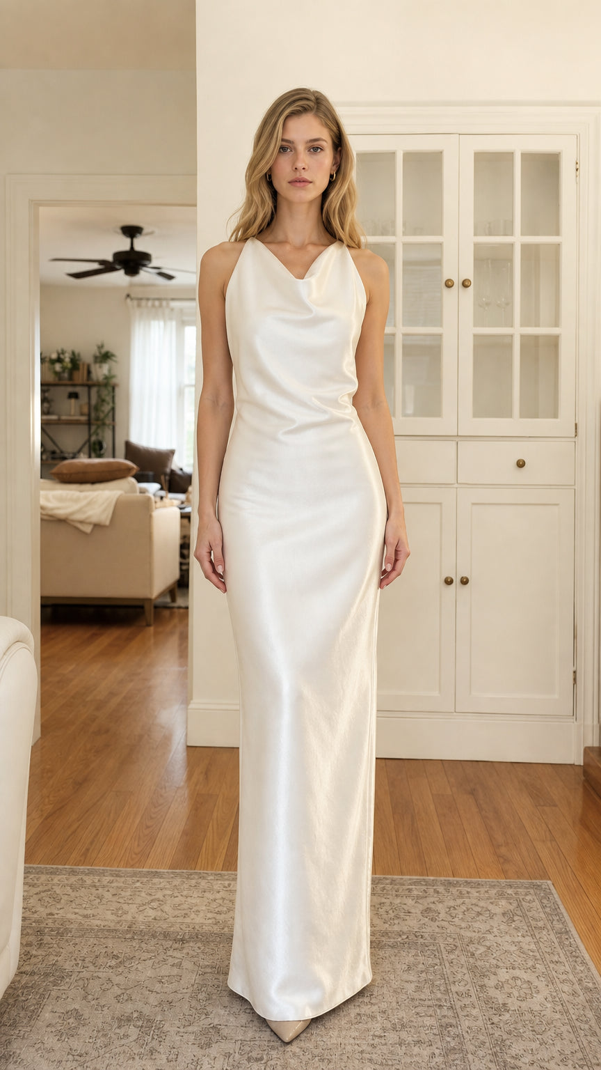 Front view of model wearing white satin cowl neck maxi dress