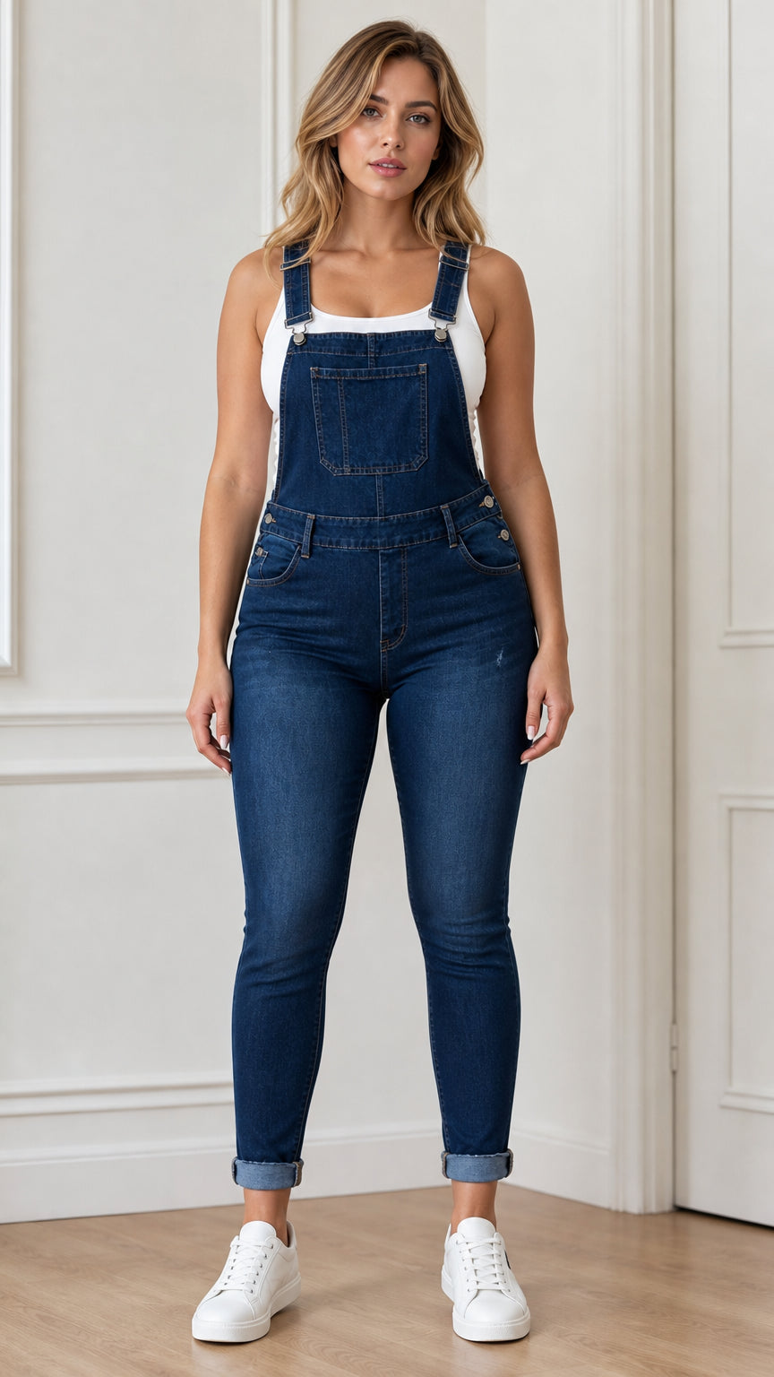 Front view of woman wearing blue denim overalls and white sneakers