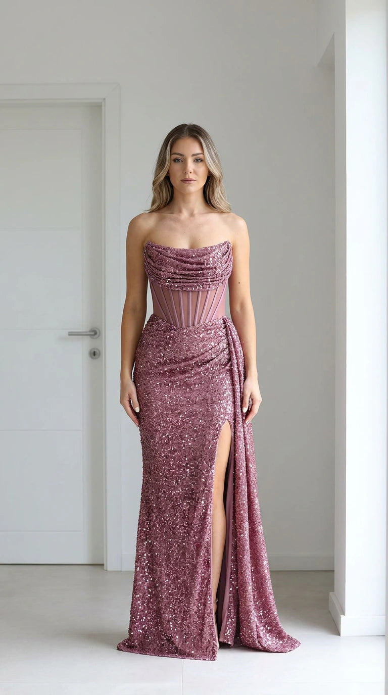 Front view of mauve sequin evening gown with corset bodice and high slit