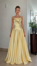 Front view of yellow satin evening gown with beaded bodice
