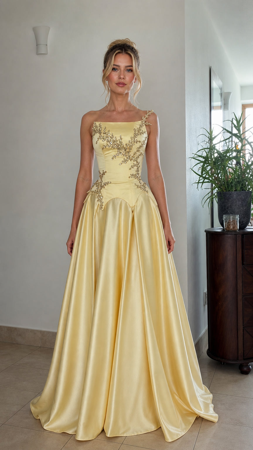 Front view of yellow satin evening gown with beaded bodice