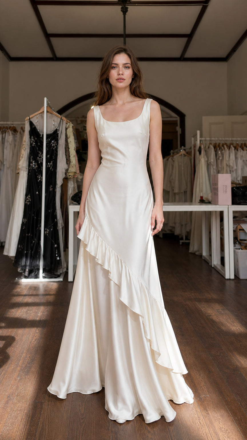 Model wearing Ivory satin maxi dress with cascading ruffle from front view