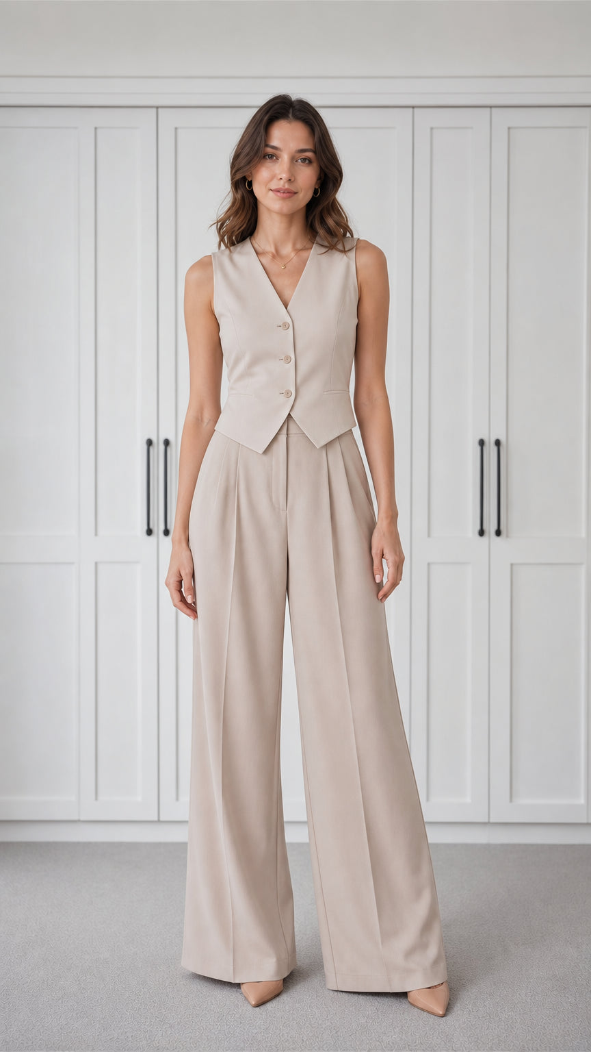 Front view of woman wearing beige tailored vest and wide-leg pants set