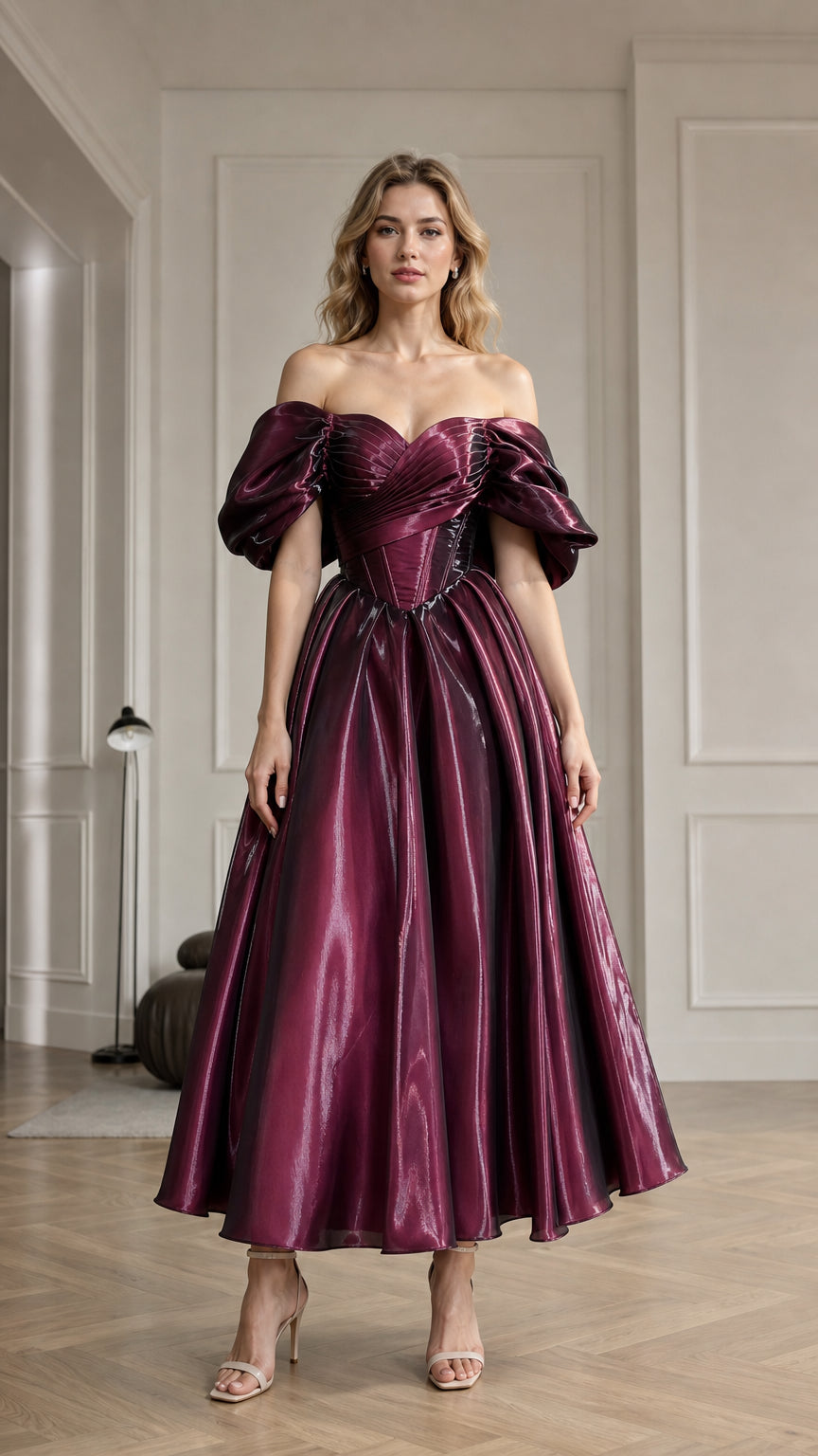 Front view of burgundy off-shoulder satin evening dress