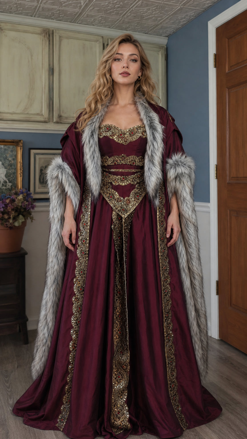 Front view of the burgundy Renaissance medieval gown with faux fur cape