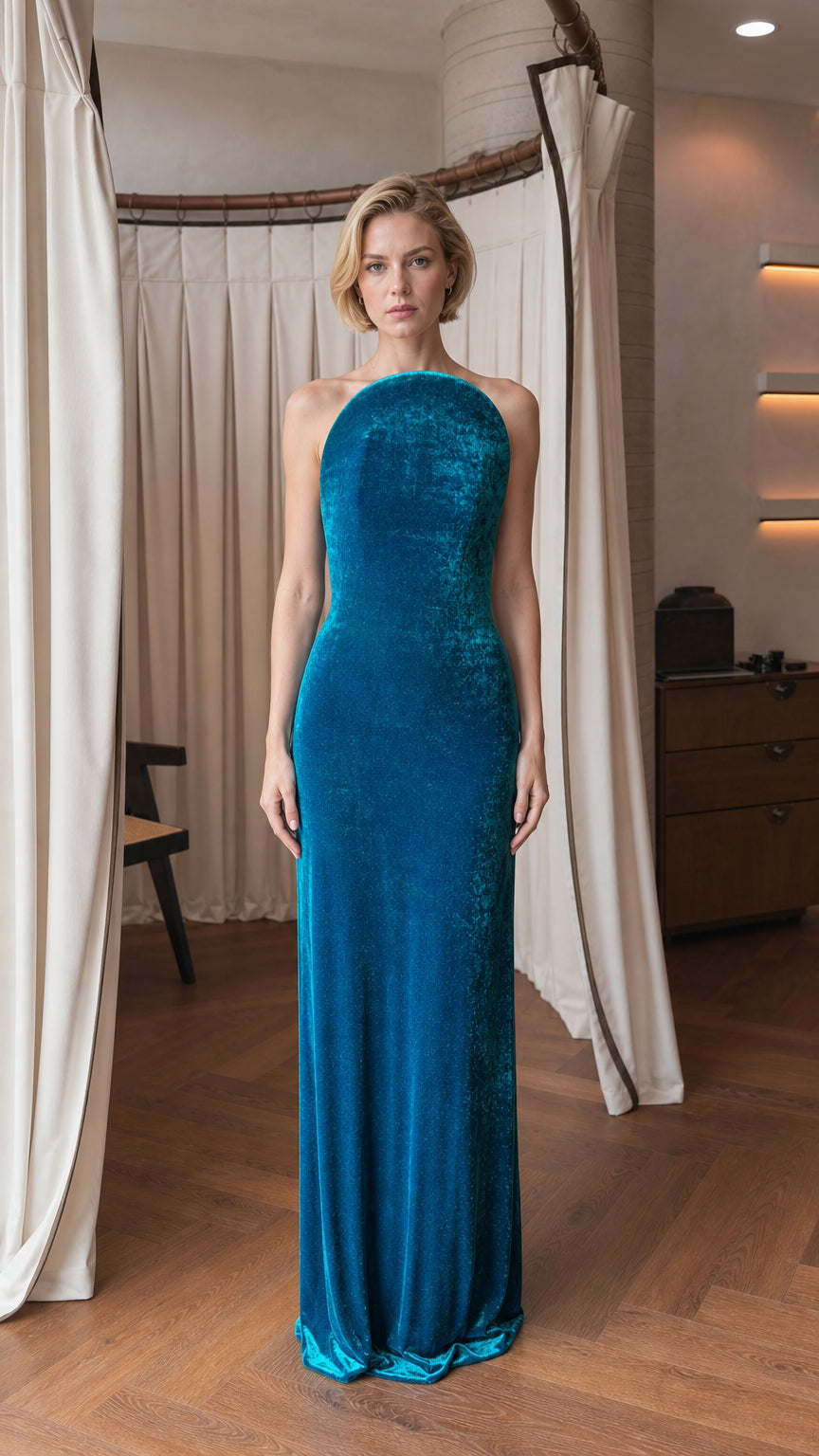 Front view of model wearing teal velvet halter evening gown