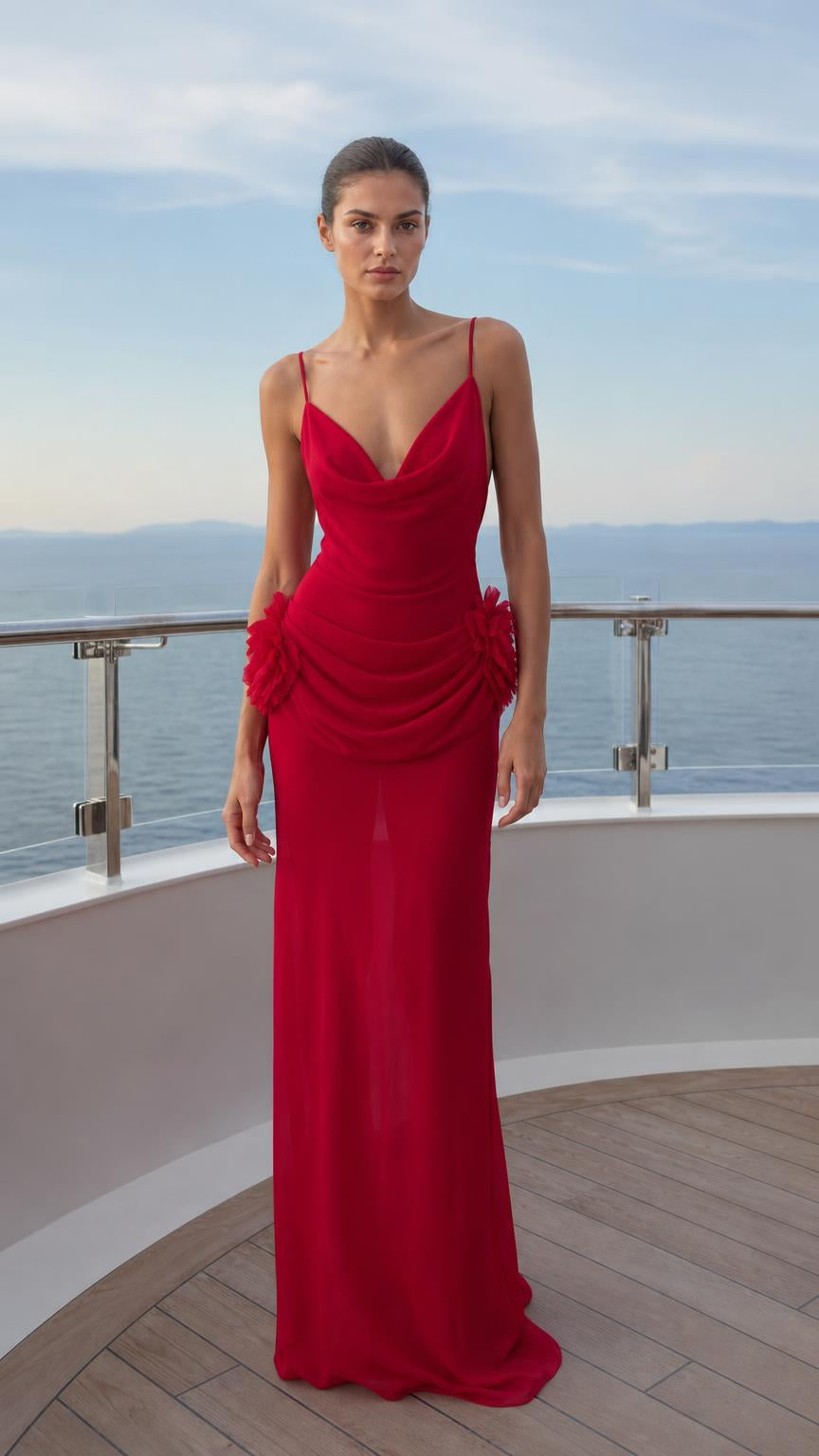 Front view of red cowl neck maxi dress with floral hip detail