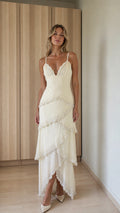 Front view of ivory tiered beaded maxi dress