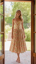 Full length view of cream floral midi sundress on model