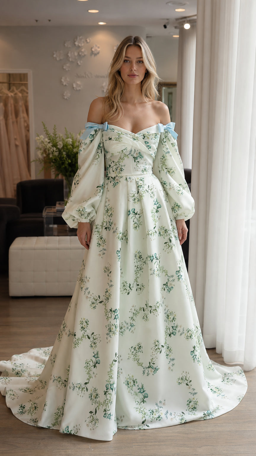 Front view of woman wearing white floral off-shoulder maxi dress
