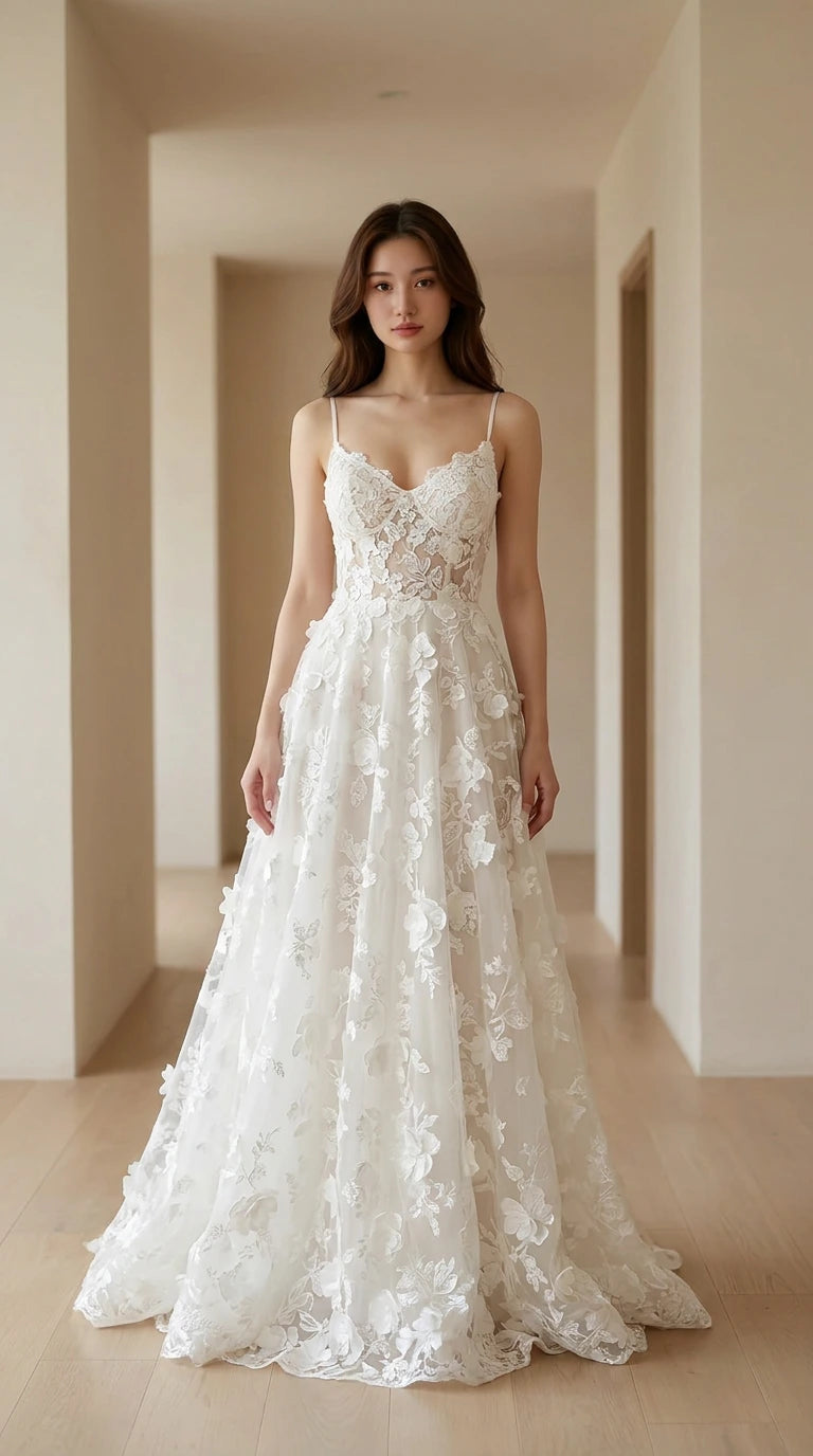 Front view of White floral applique evening dress