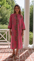 Front view of model wearing red striped floral midi dress