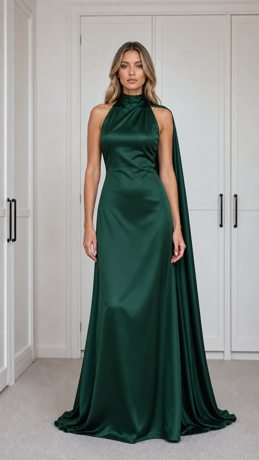 Emerald Green Satin Mock Neck Maxi Dress front view with cape