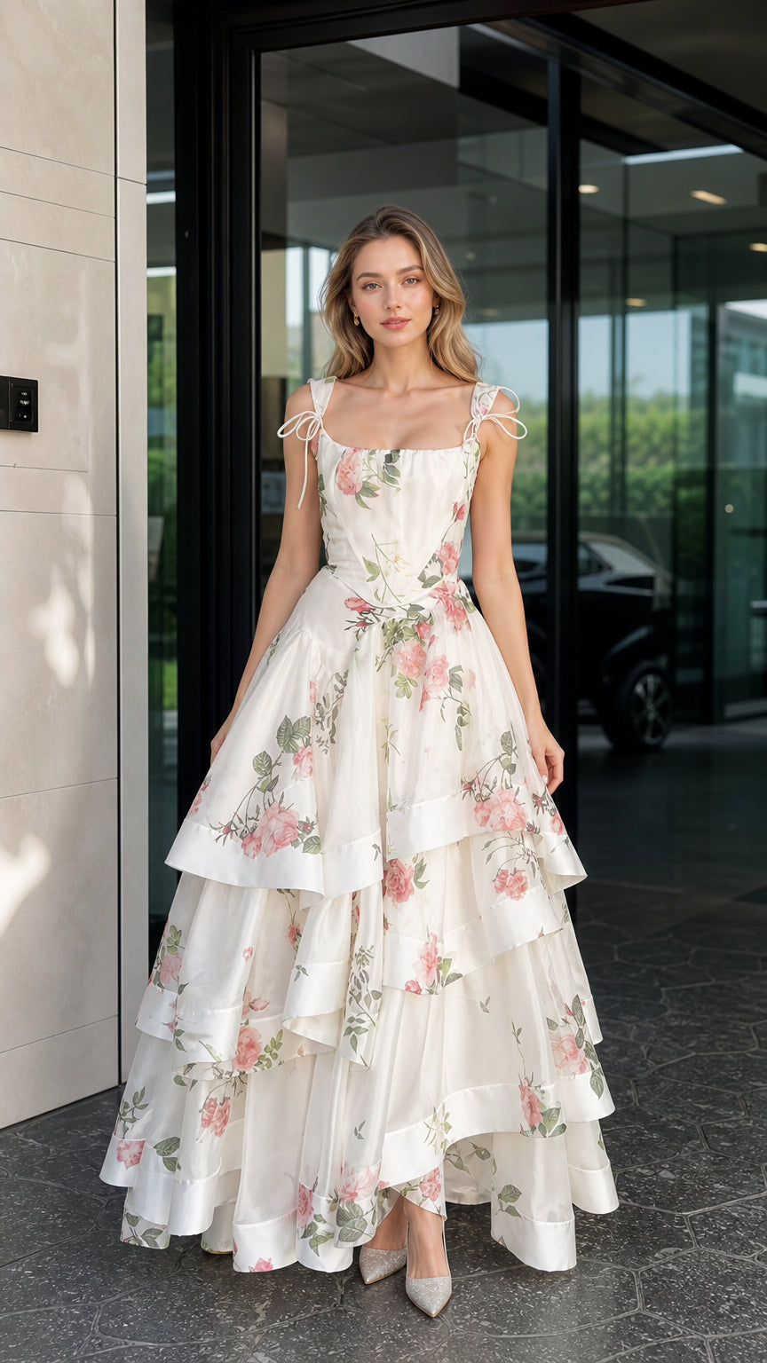 Front view of woman wearing white floral tiered maxi dress