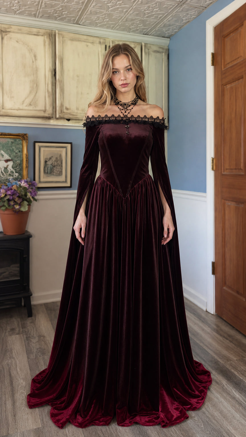 Model wearing Burgundy velvet off-shoulder maxi dress from front