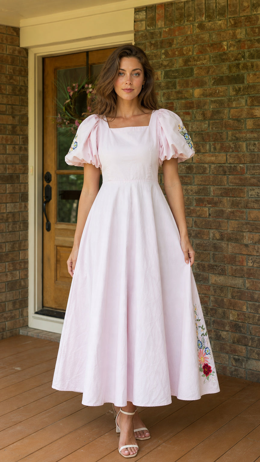 Front view of woman wearing pink embroidered puff sleeve midi dress
