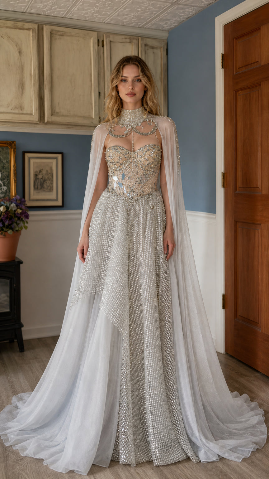 Front view of model wearing silver beaded corset evening gown with cape