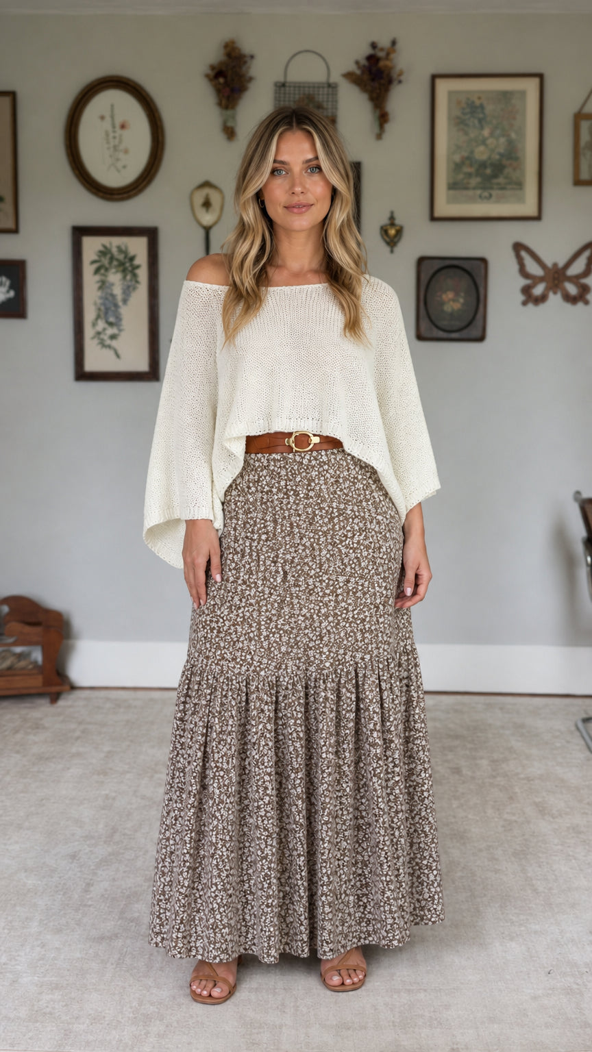Model wearing white off-the-shoulder knit top and brown floral tiered maxi skirt, front view