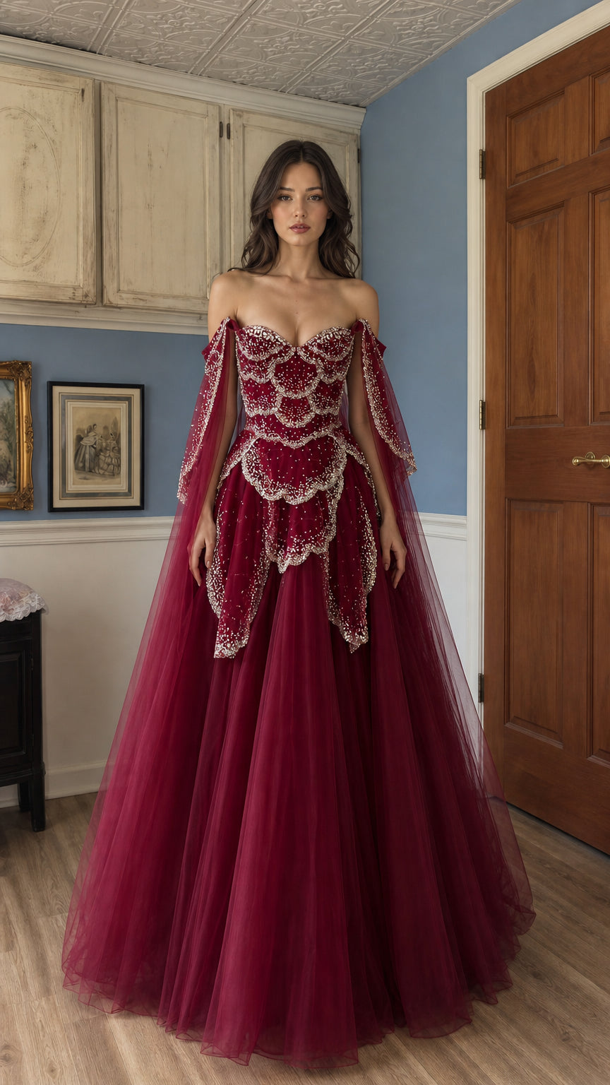 Front view of burgundy off-shoulder beaded tulle evening gown