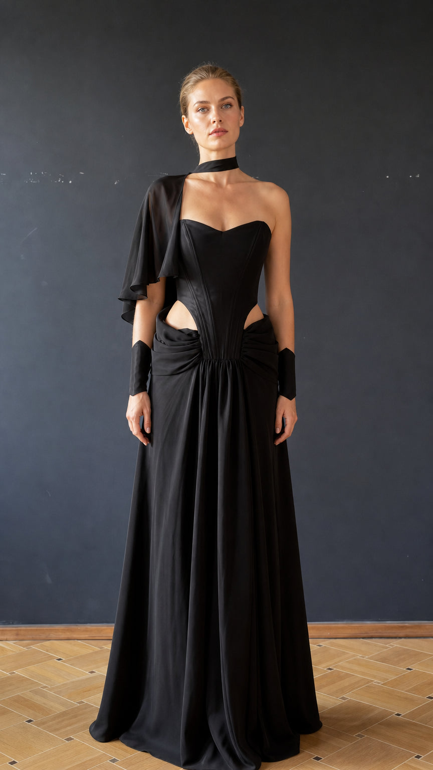 Front view of black cutout draped maxi evening dress with choker and cuffs