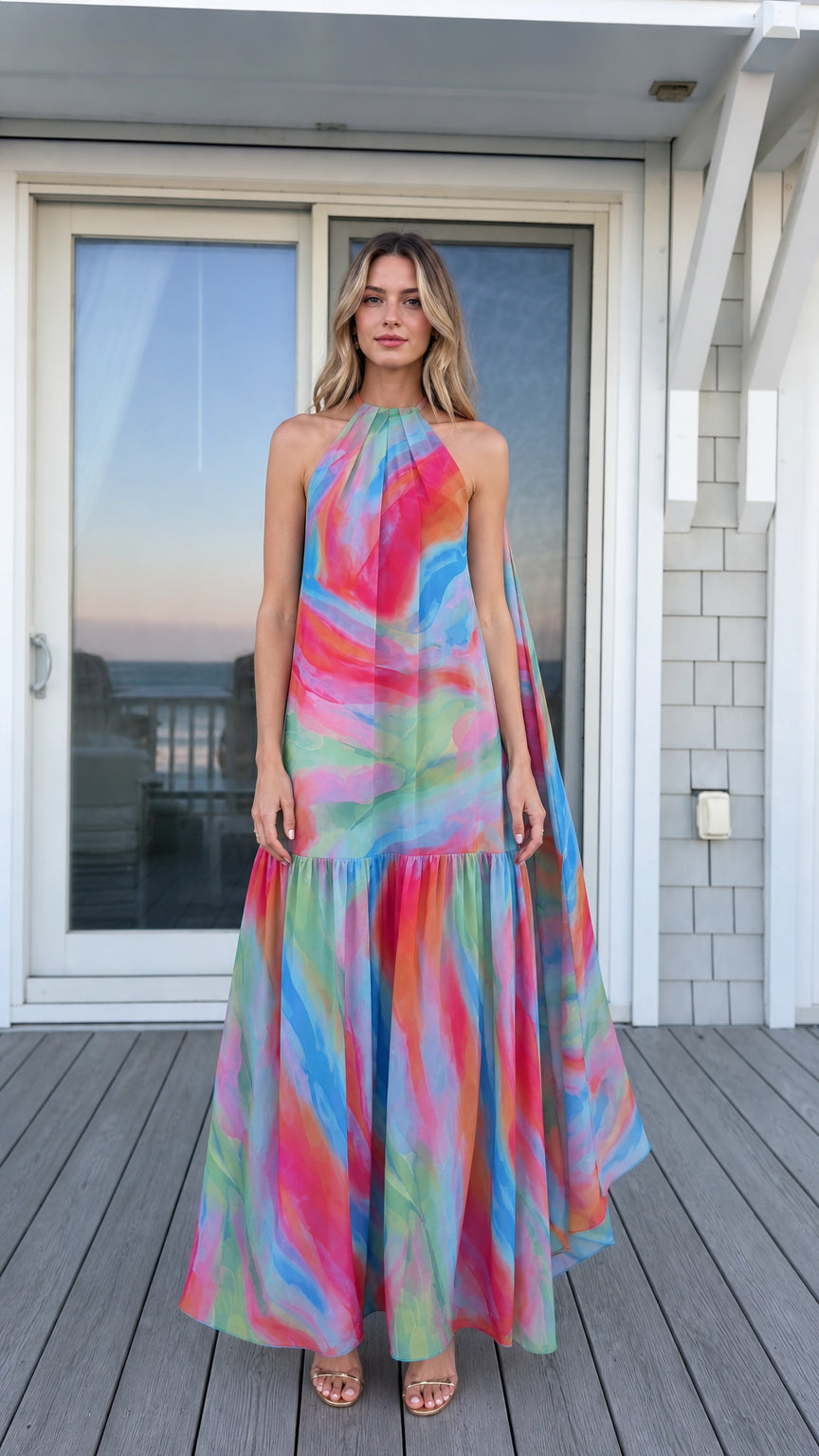 Front view of vibrant watercolor print halter maxi dress in multi-blue