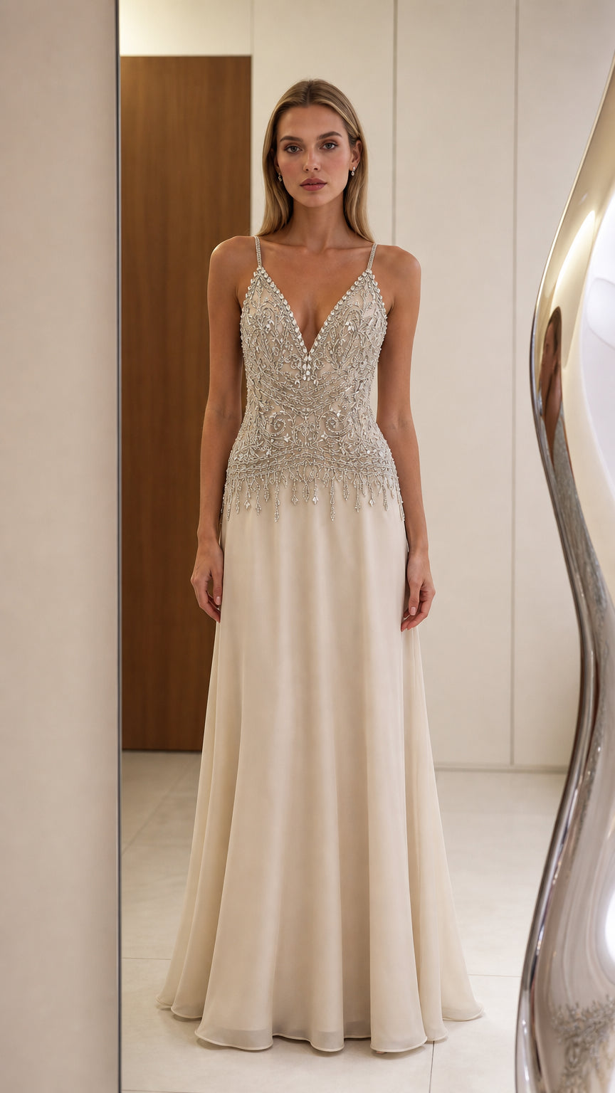 Front view of champagne embellished sequin V-neck evening dress