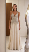 Front view of champagne embellished sequin V-neck evening dress
