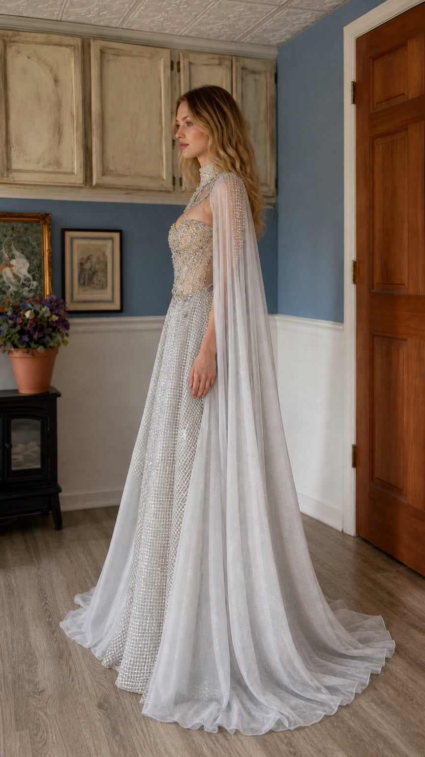 Side profile of model in silver evening gown