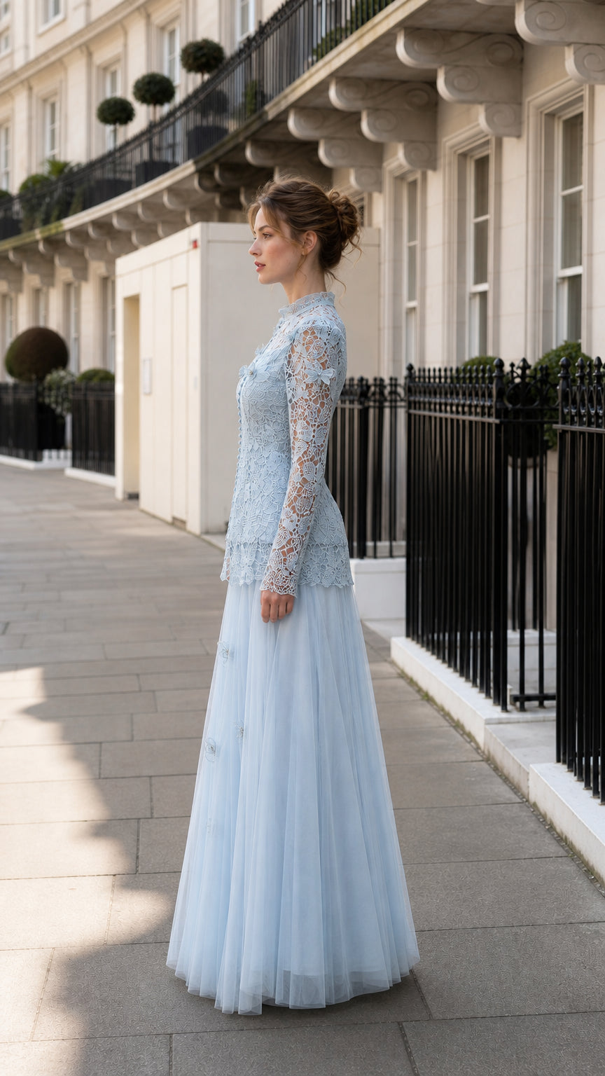 Side profile view of the light blue two-piece maxi dress