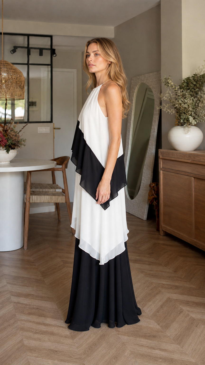 Side profile view of white color-block maxi dress
