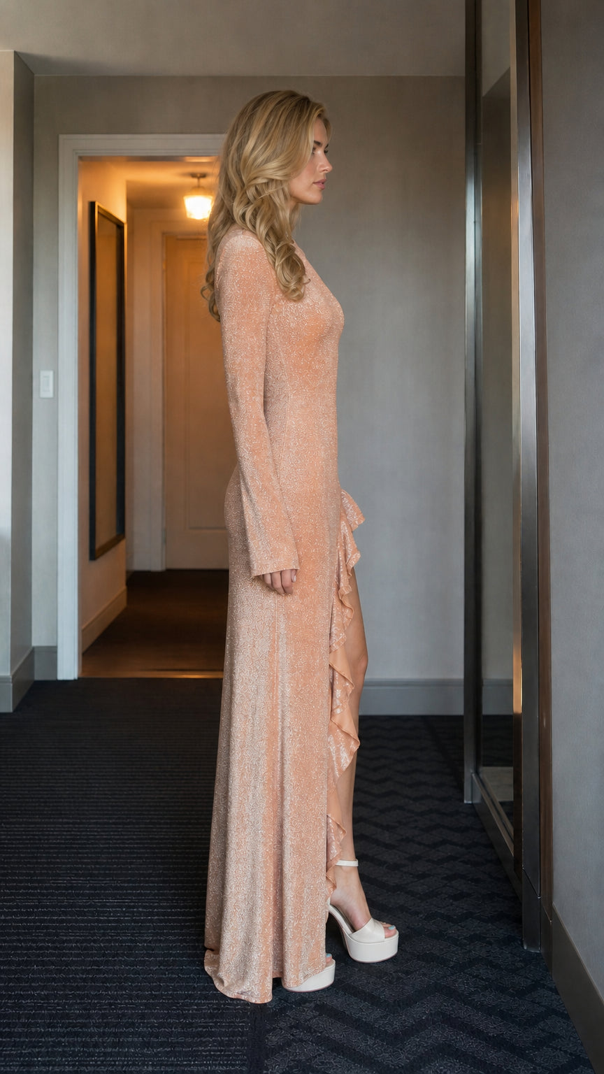 Side profile view of champagne glitter maxi dress