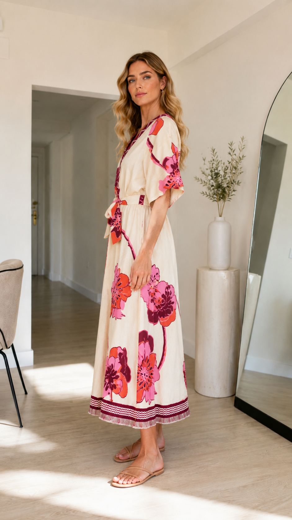 Side view of cream floral maxi dress with self-tie waist and flowing skirt
