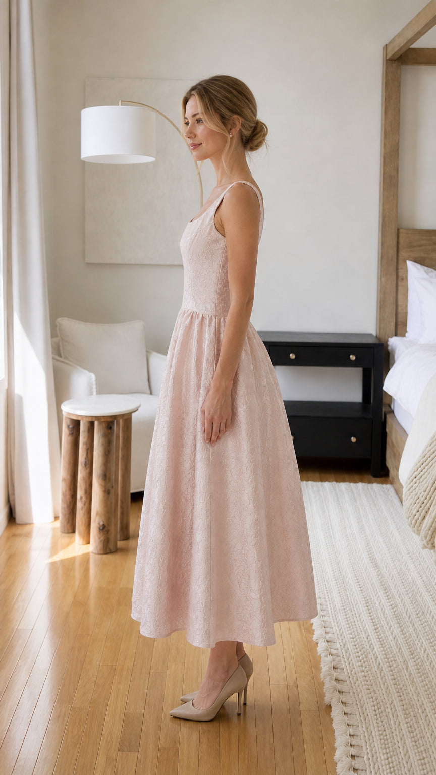 Side view of woman in blush pink midi dress