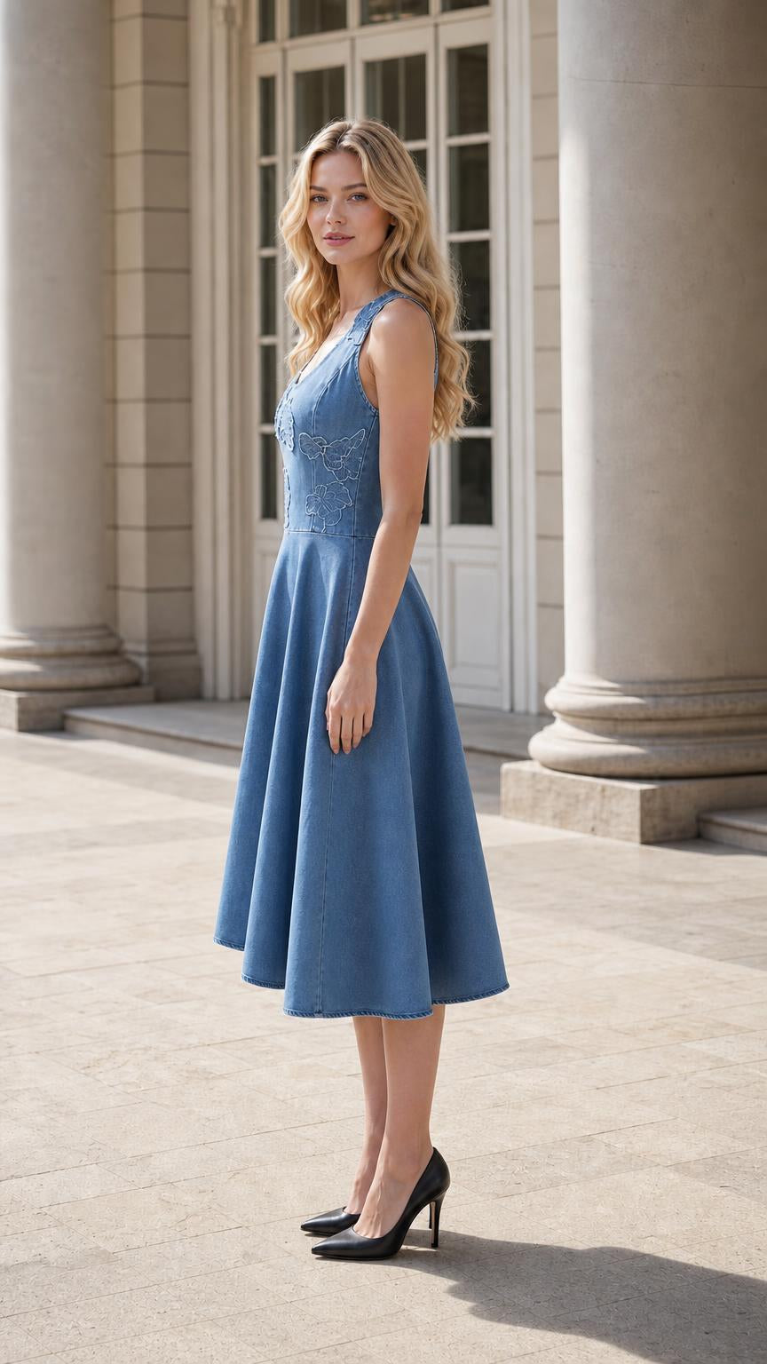 Side angle view of blue midi dress