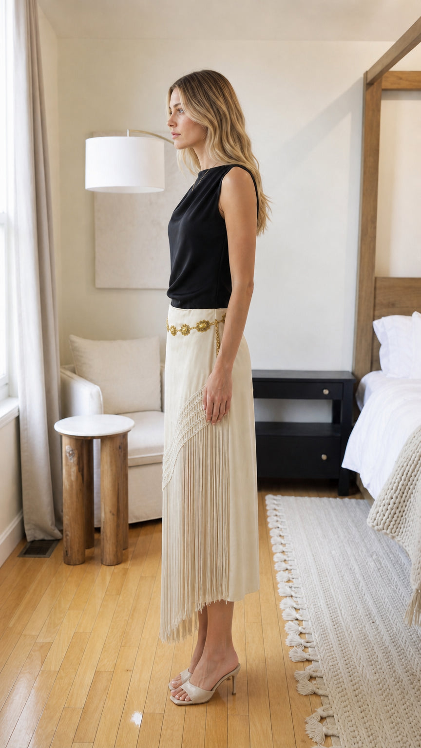 Side profile of woman in beige fringe long skirt