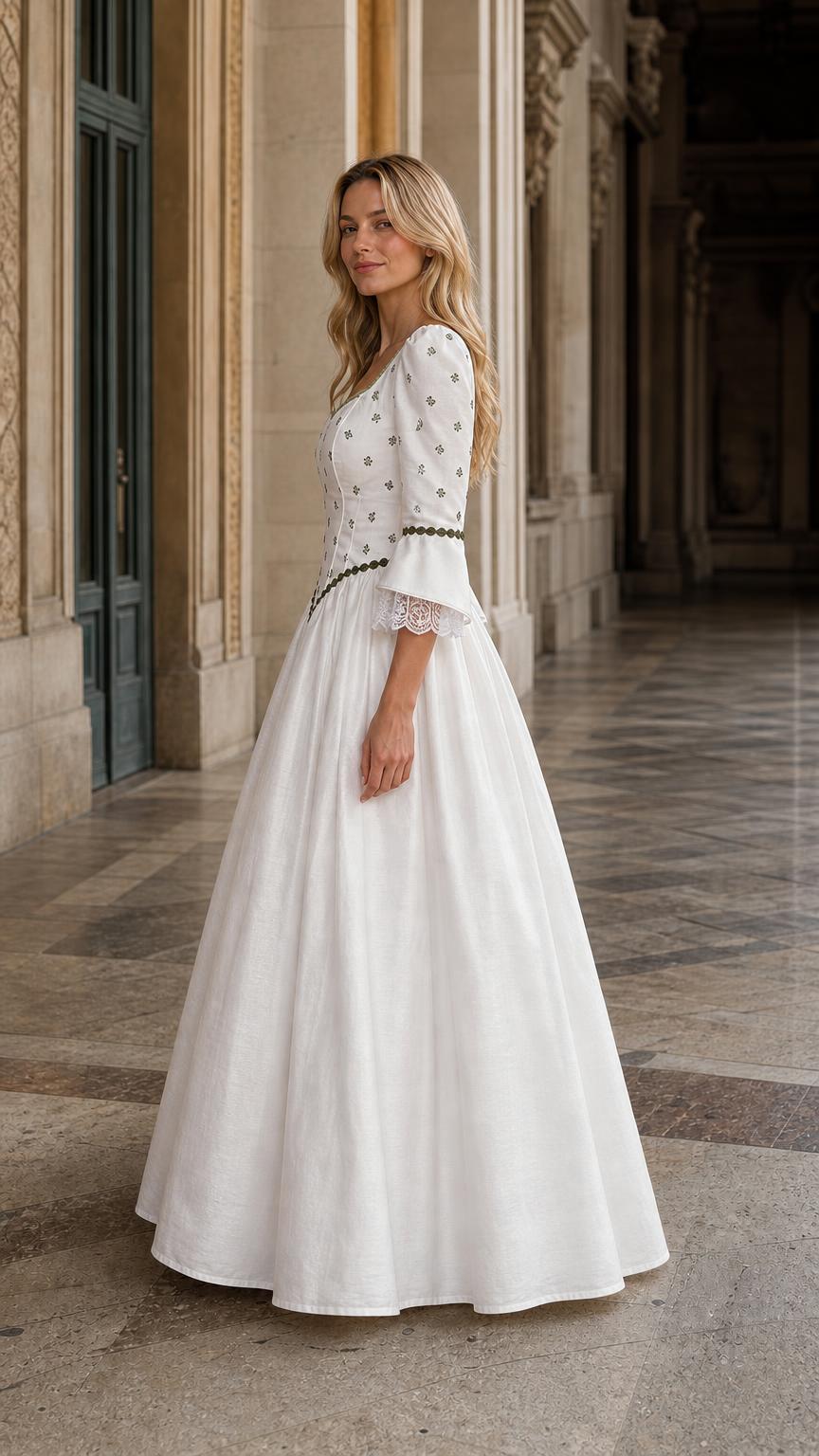 Side profile view of white Renaissance vintage maxi dress
