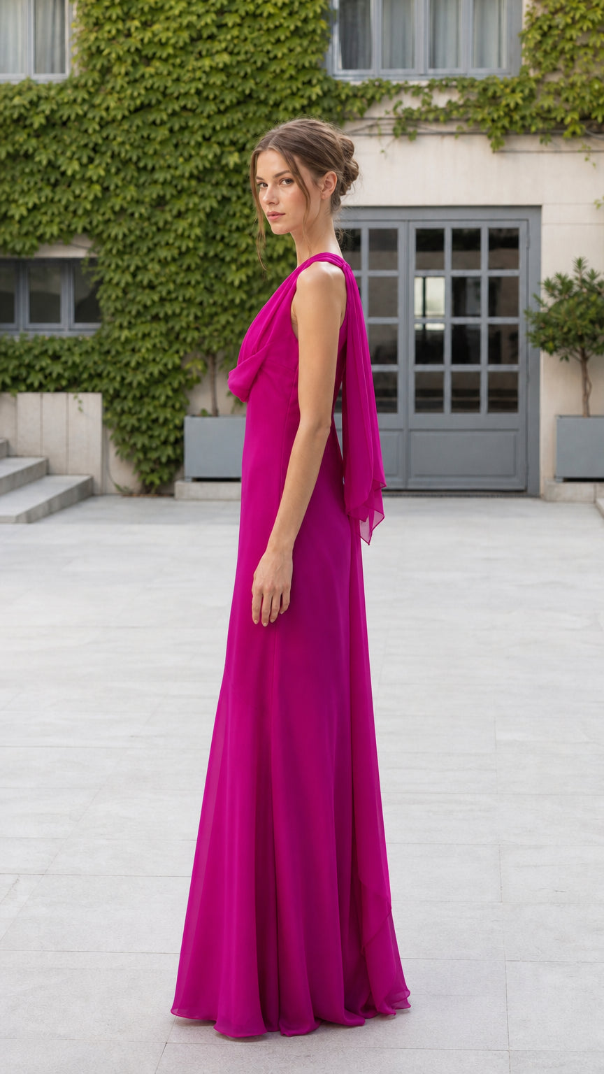 Side view of model in fuchsia evening gown