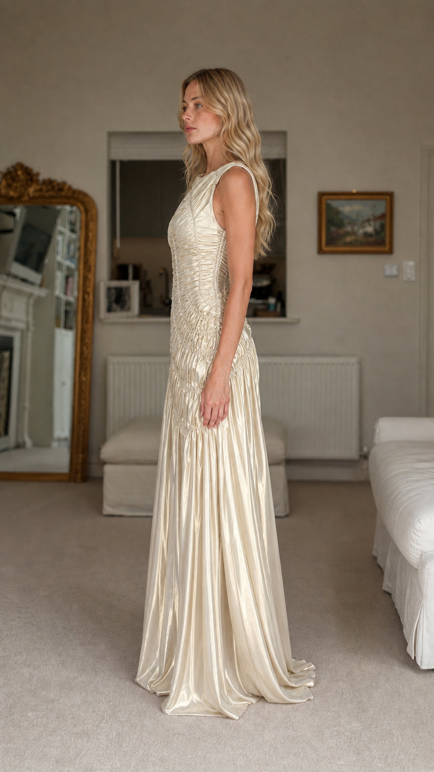 Side profile view of champagne evening dress